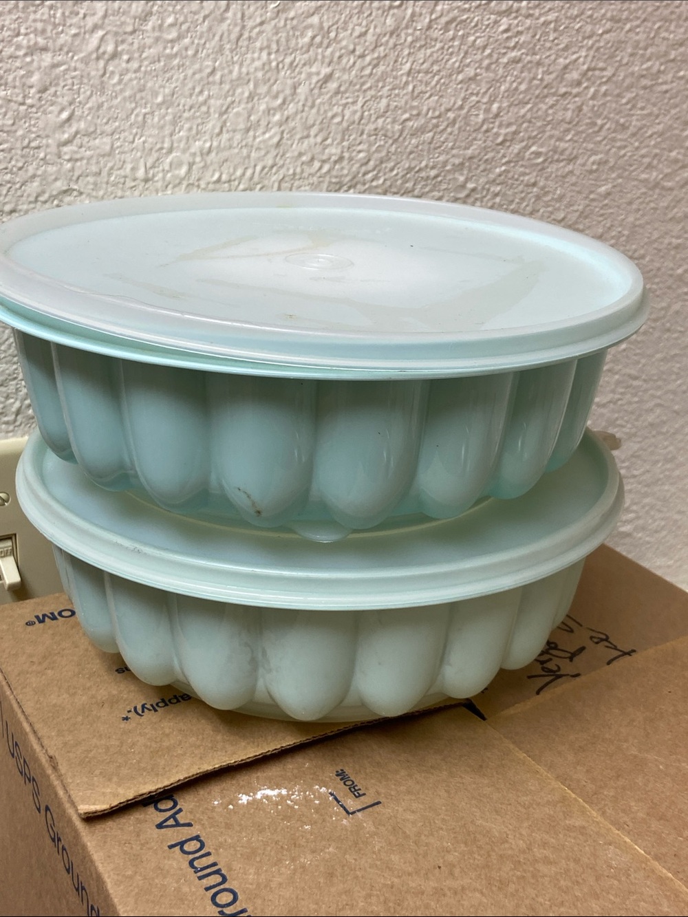 Vtg, Tupperware Jello-Ring Mold Mint Blue Plastic  with Lids - Set of Two